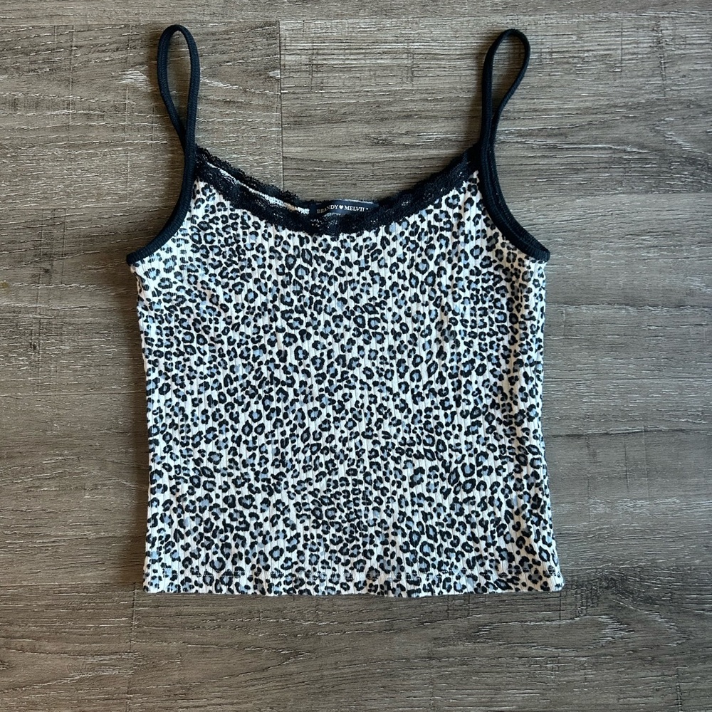 Brandy Melville Blue Leopard Print Tank Top with Lace Trim